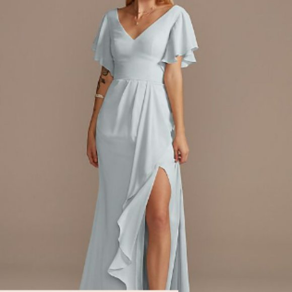 Flutter Sleeve Bridesmaid Dress with Cascade - Bridesmaid (Color: Mystic) - Picture 1 of 3